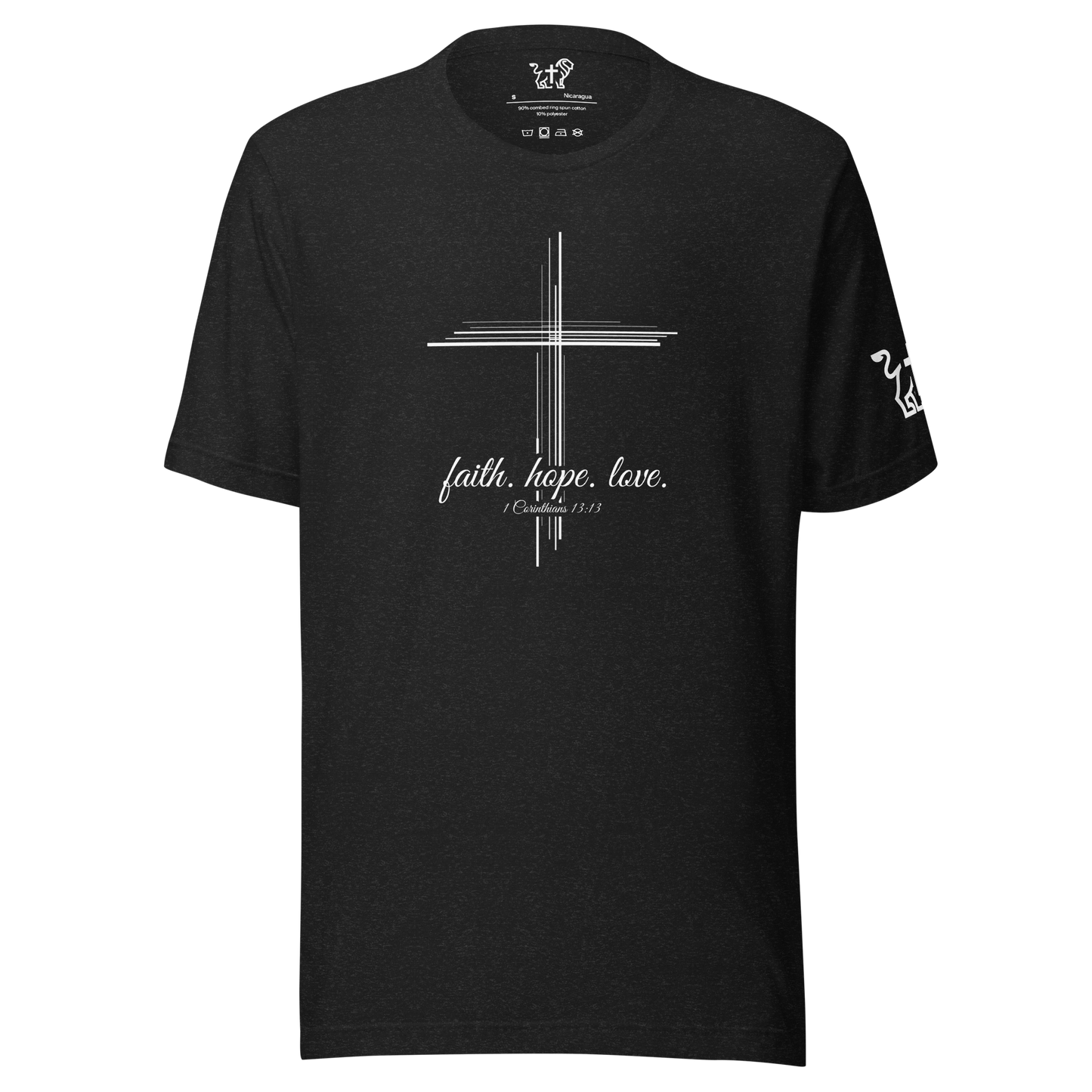 Justified In Christ Faith Hope Love Black T-Shirt | 1 Corinthians 13:13 Christian Tee