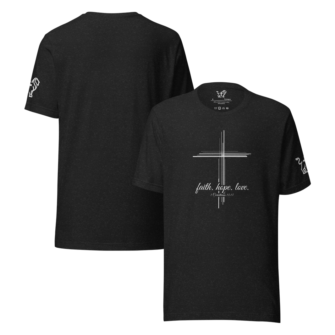 Justified In Christ Faith Hope Love Black T-Shirt | 1 Corinthians 13:13 Christian Tee