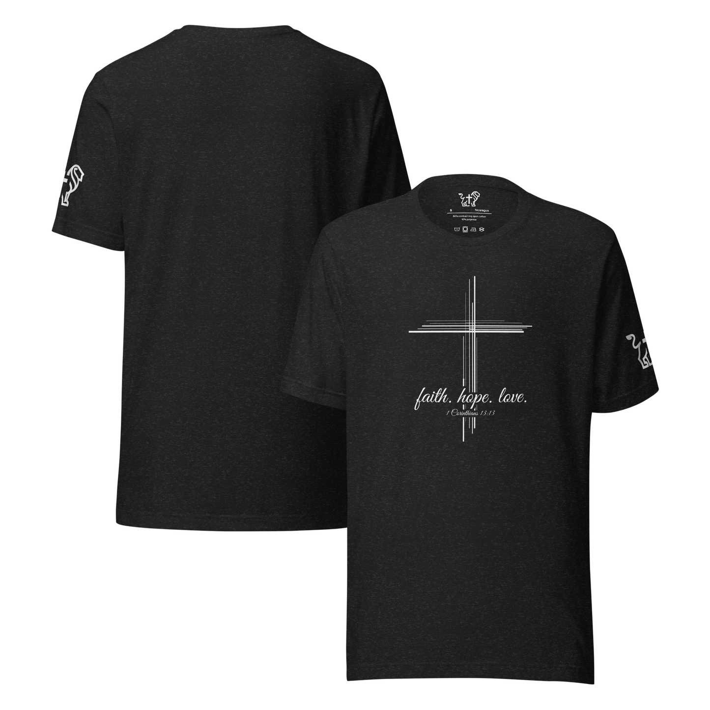 Justified In Christ Faith Hope Love Black T-Shirt | 1 Corinthians 13:13 Christian Tee