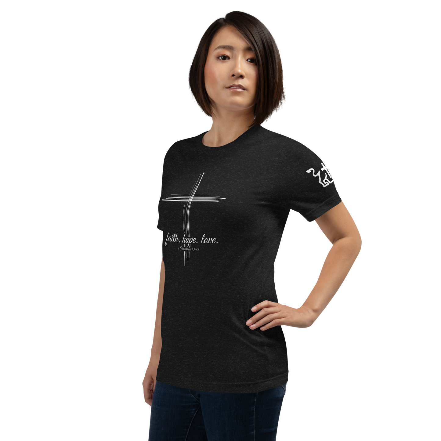 Justified In Christ Faith Hope Love Black T-Shirt | 1 Corinthians 13:13 Christian Tee