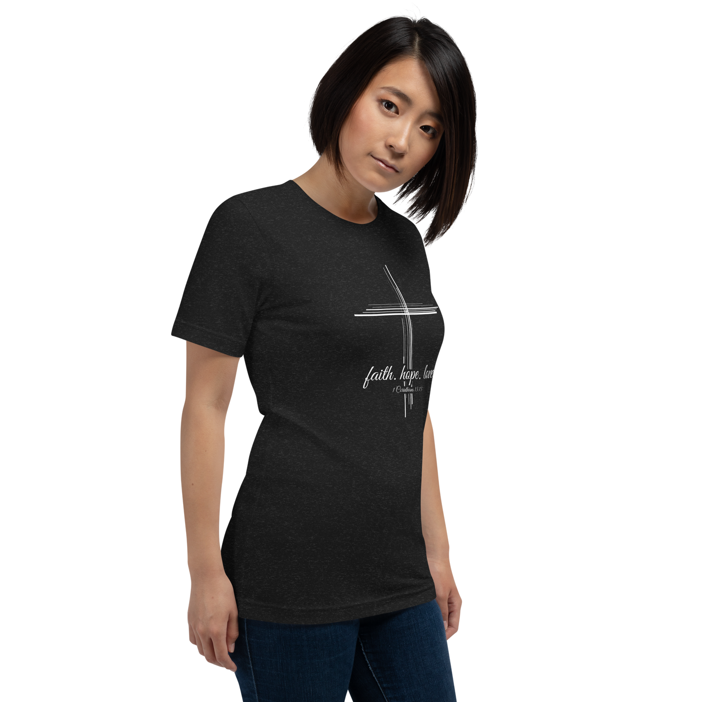 Justified In Christ Faith Hope Love Black T-Shirt | 1 Corinthians 13:13 Christian Tee