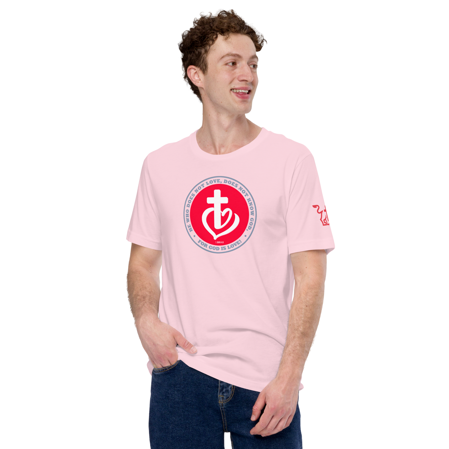 Justified In Christ God is Love Pink T-Shirt | 1 John 4:8 Christian Tee