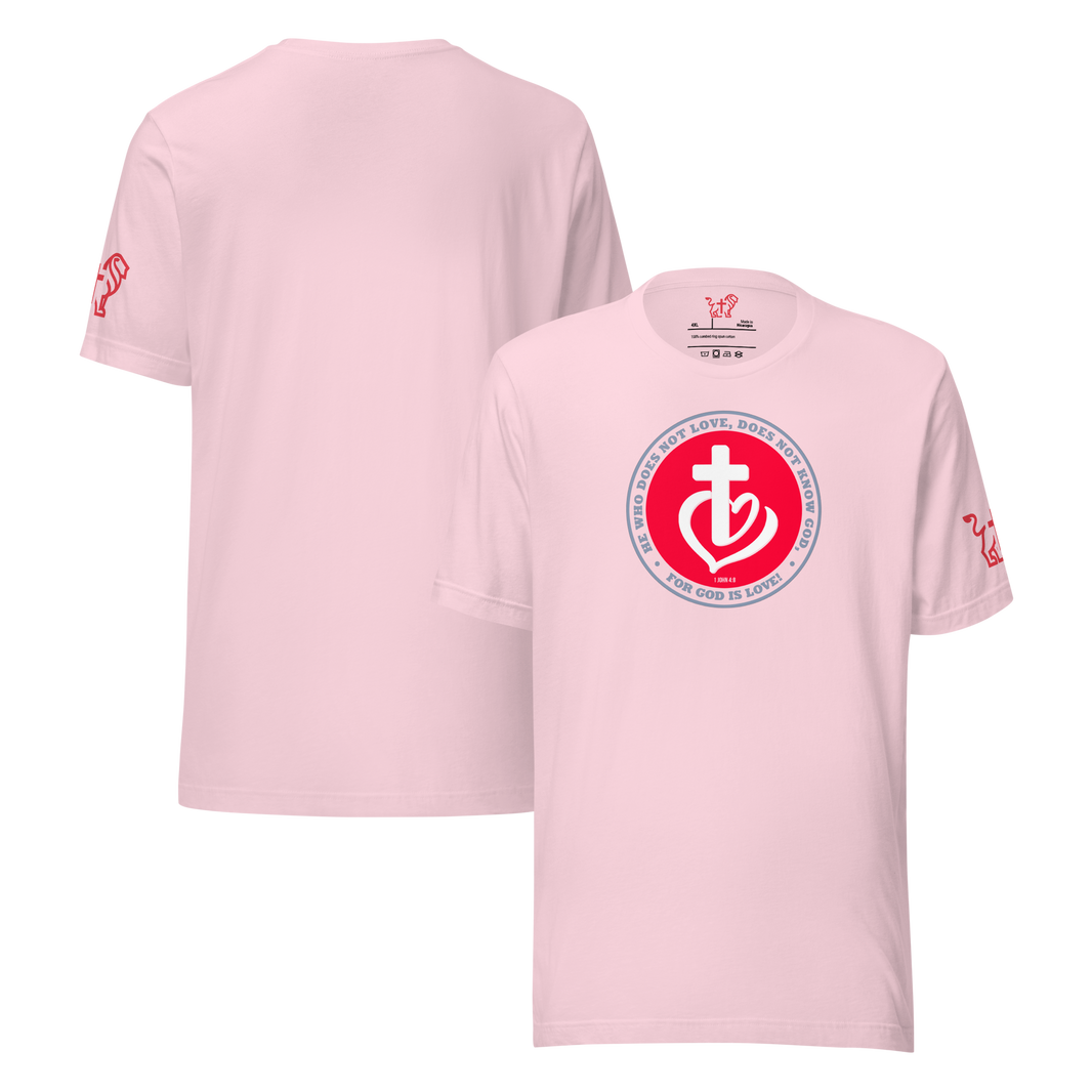 Justified In Christ God is Love Pink T-Shirt | 1 John 4:8 Christian Tee