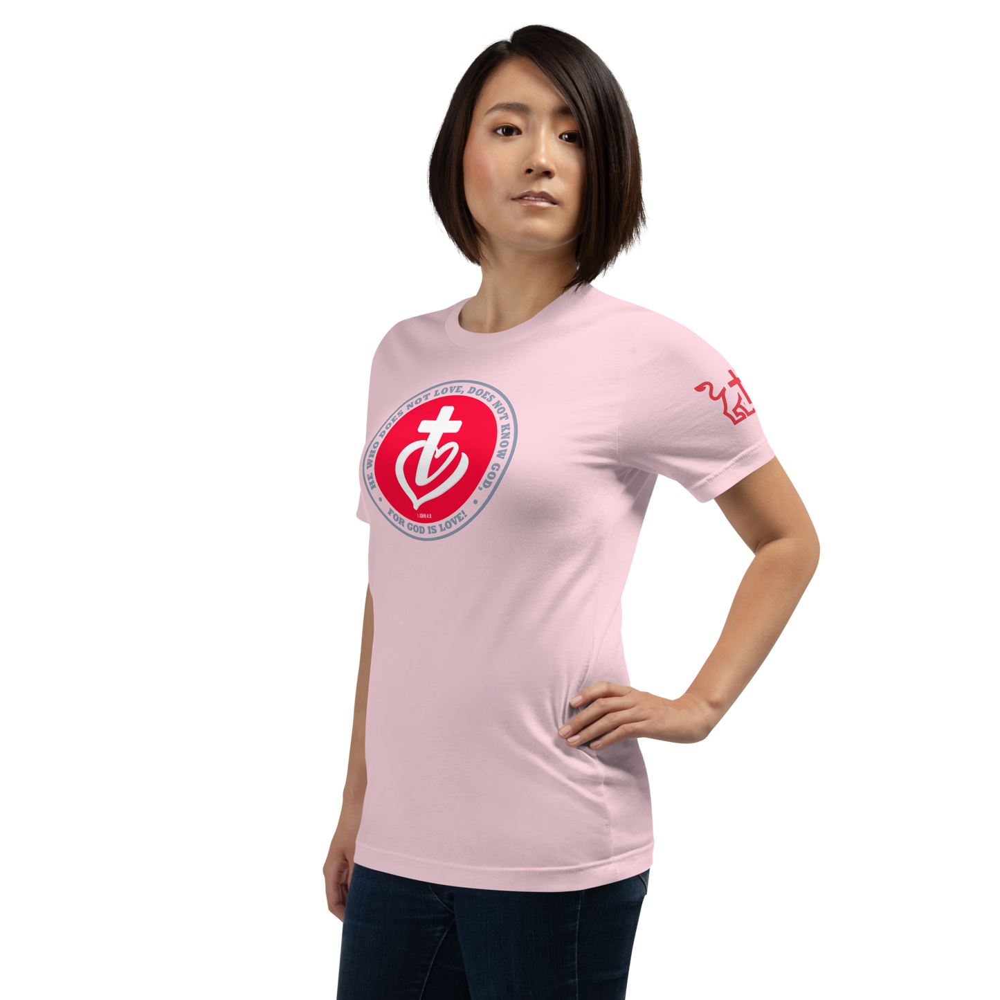 Justified In Christ God is Love Pink T-Shirt | 1 John 4:8 Christian Tee
