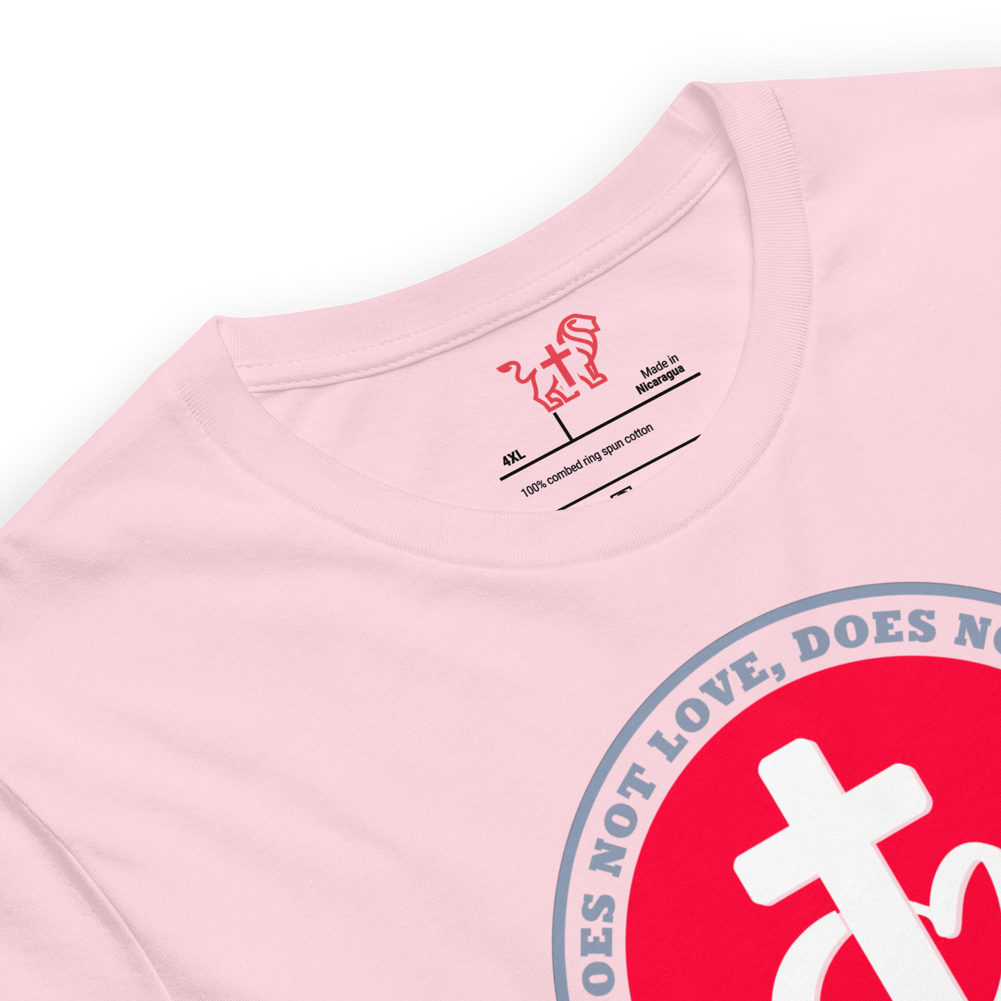 Justified In Christ God is Love Pink T-Shirt | 1 John 4:8 Christian Tee