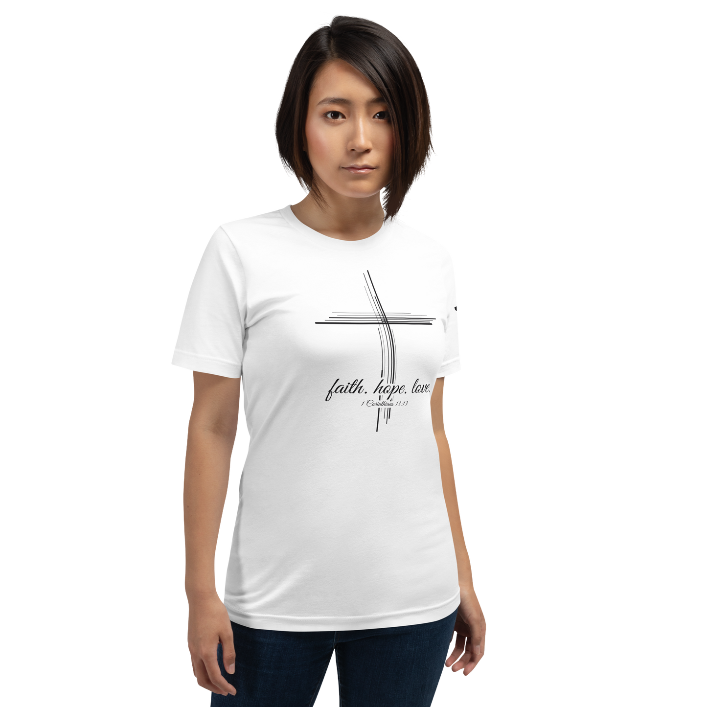 Justified In Christ Faith Hope Love White T-Shirt | 1 Corinthians 13:13 Christian Tee