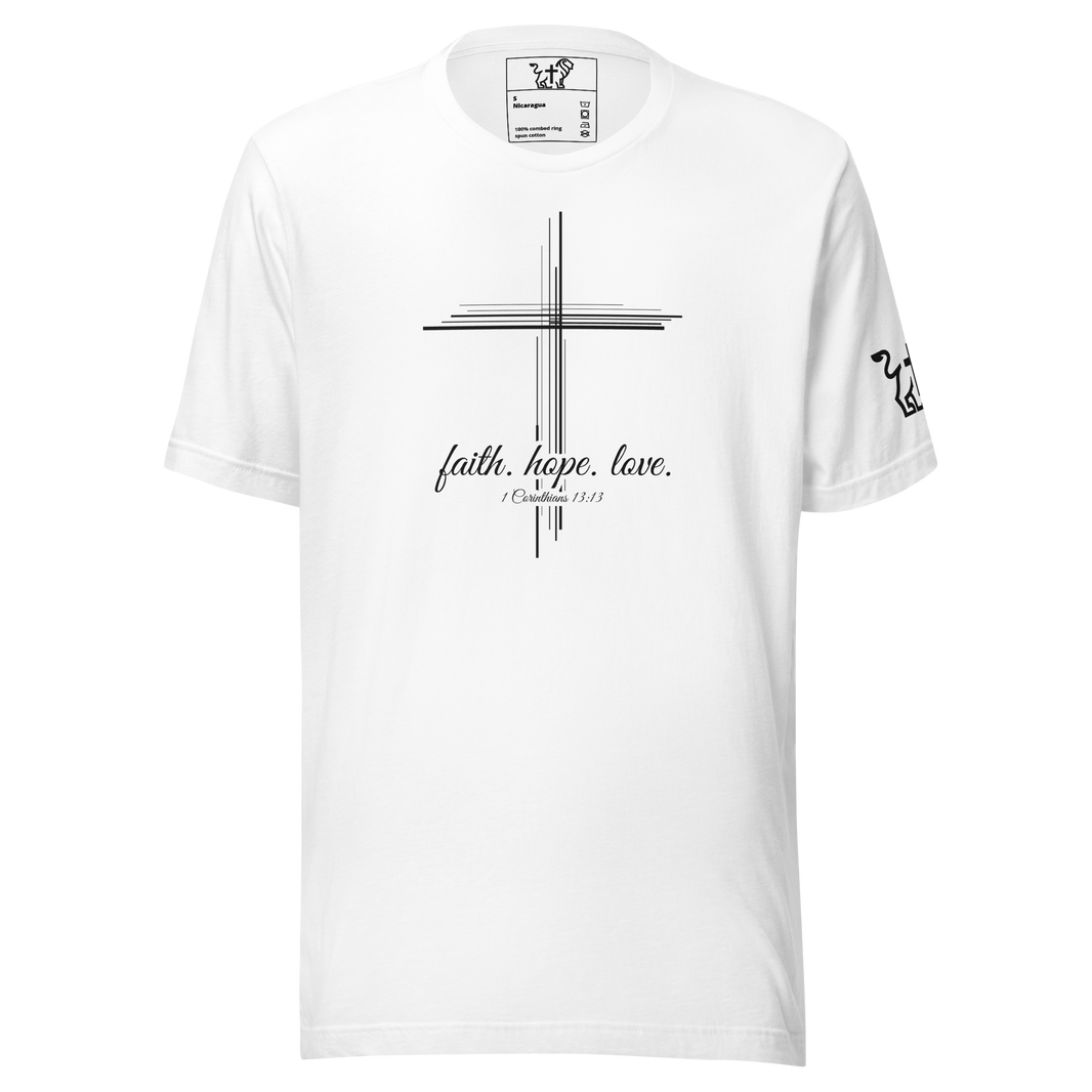 Justified In Christ Faith Hope Love White T-Shirt | 1 Corinthians 13:13 Christian Tee