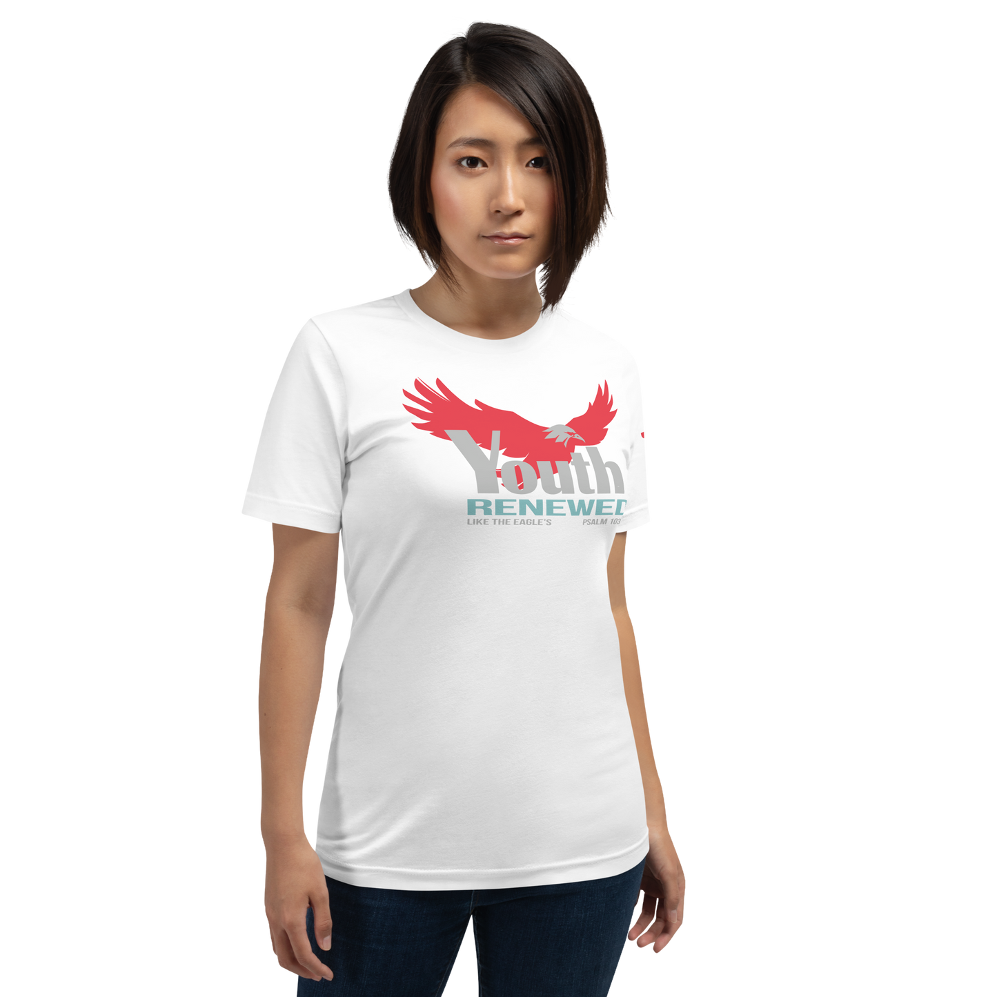 Justified In Christ Youth Renewed White T-Shirt | Psalm 103:5 Christian Tee