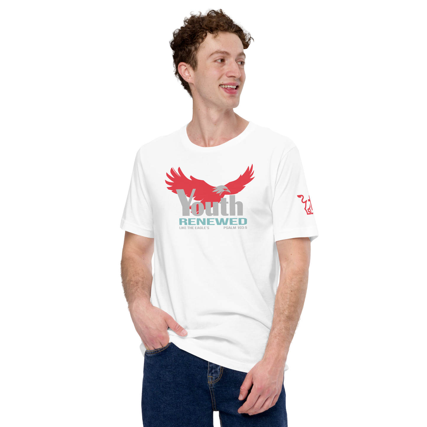 Justified In Christ Youth Renewed White T-Shirt | Psalm 103:5 Christian Tee