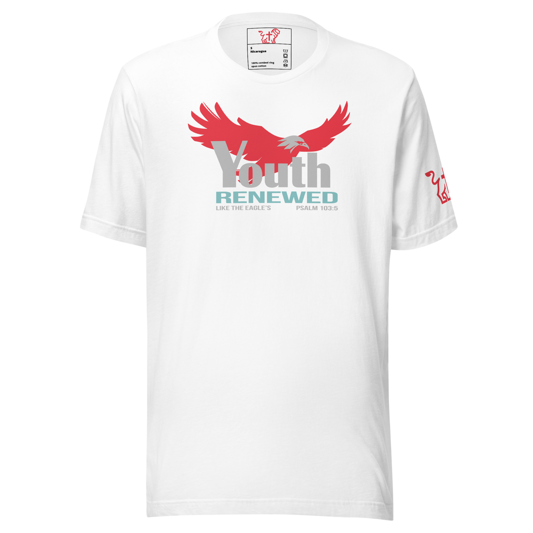Justified In Christ Youth Renewed White T-Shirt | Psalm 103:5 Christian Tee