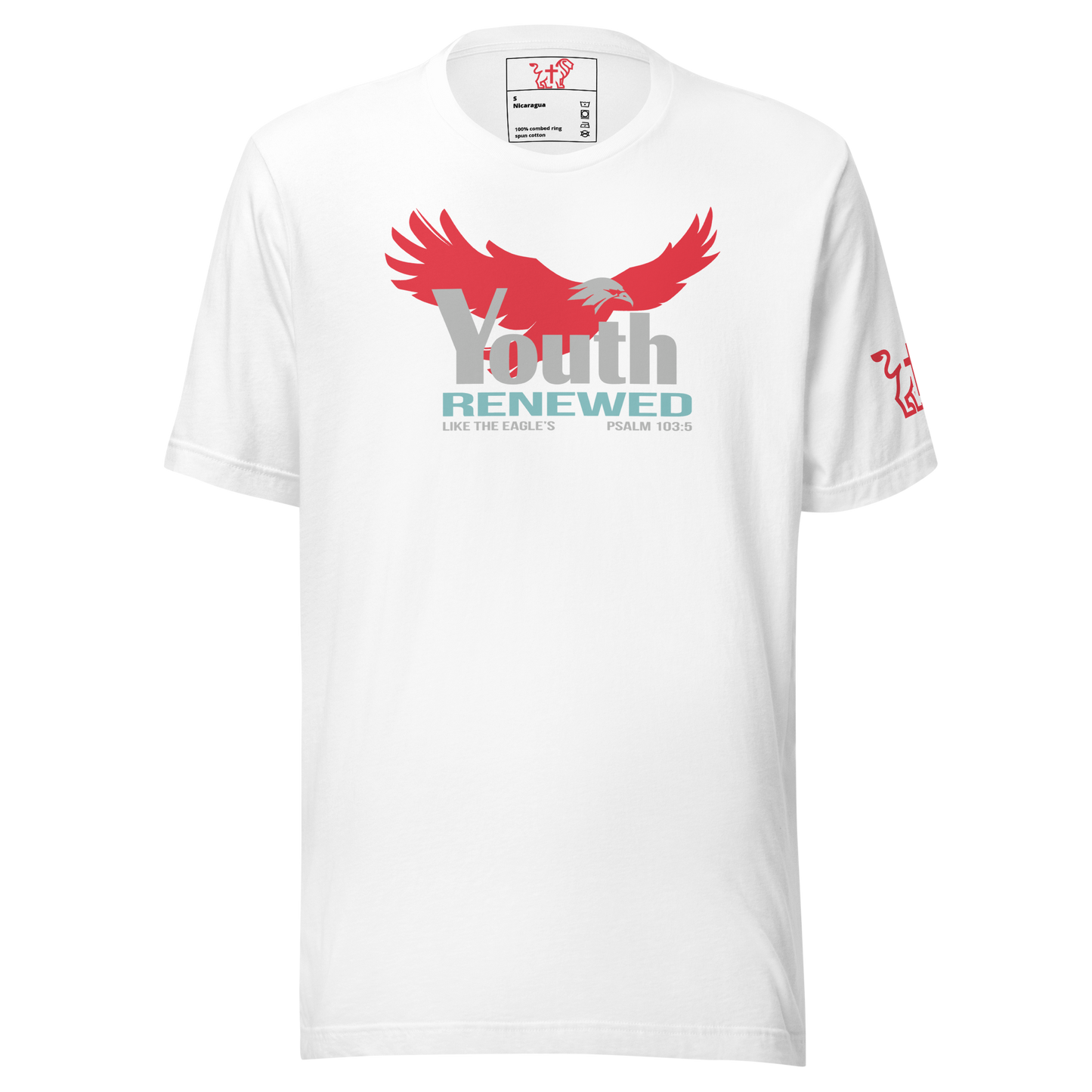 Justified In Christ Youth Renewed White T-Shirt | Psalm 103:5 Christian Tee