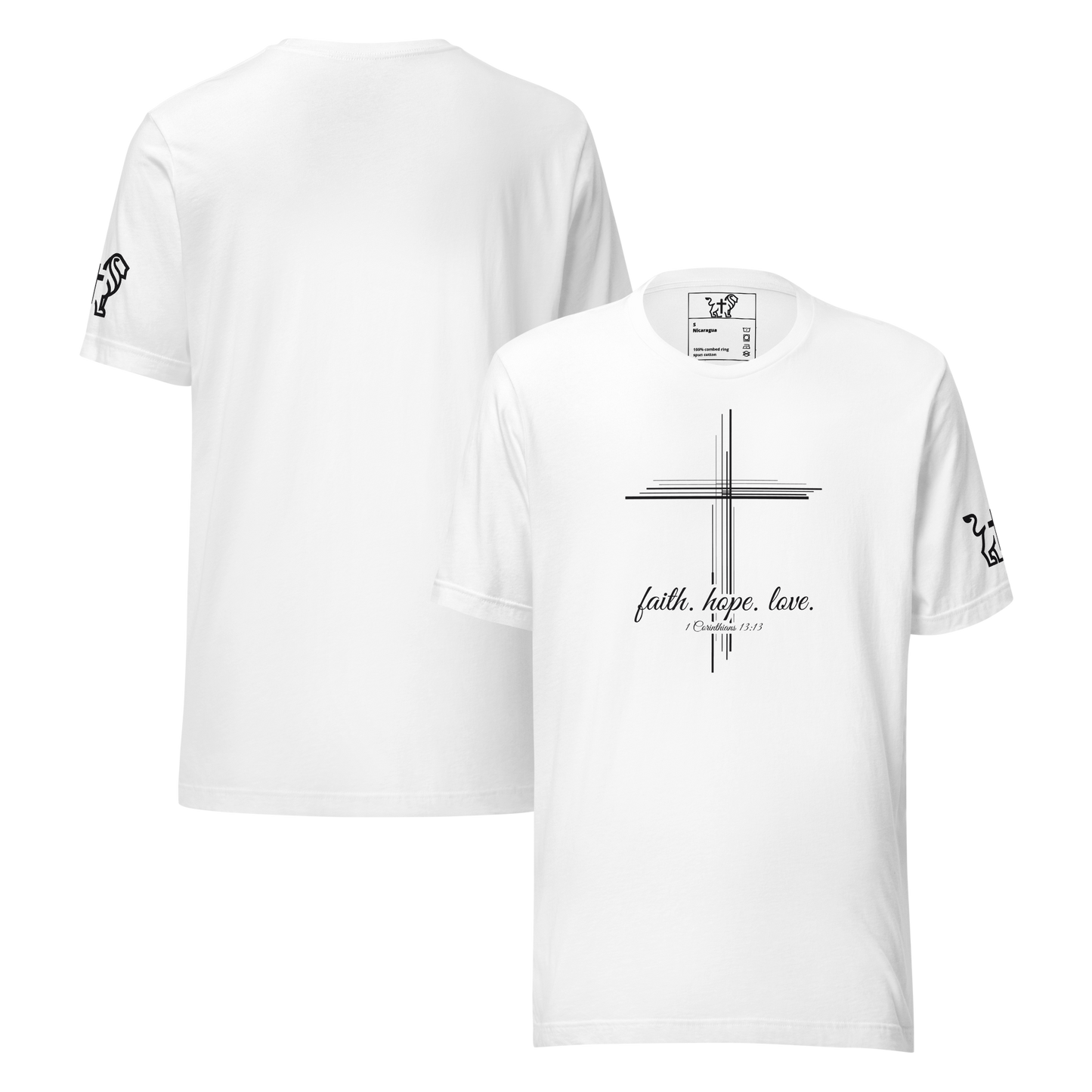 Justified In Christ Faith Hope Love White T-Shirt | 1 Corinthians 13:13 Christian Tee