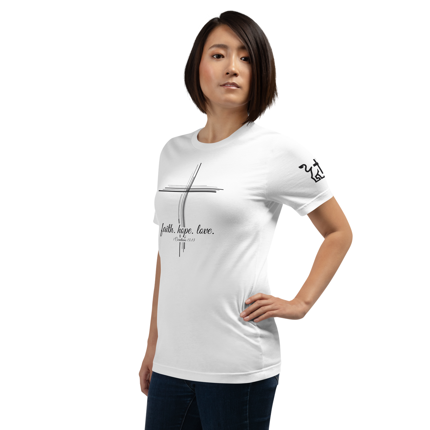 Justified In Christ Faith Hope Love White T-Shirt | 1 Corinthians 13:13 Christian Tee