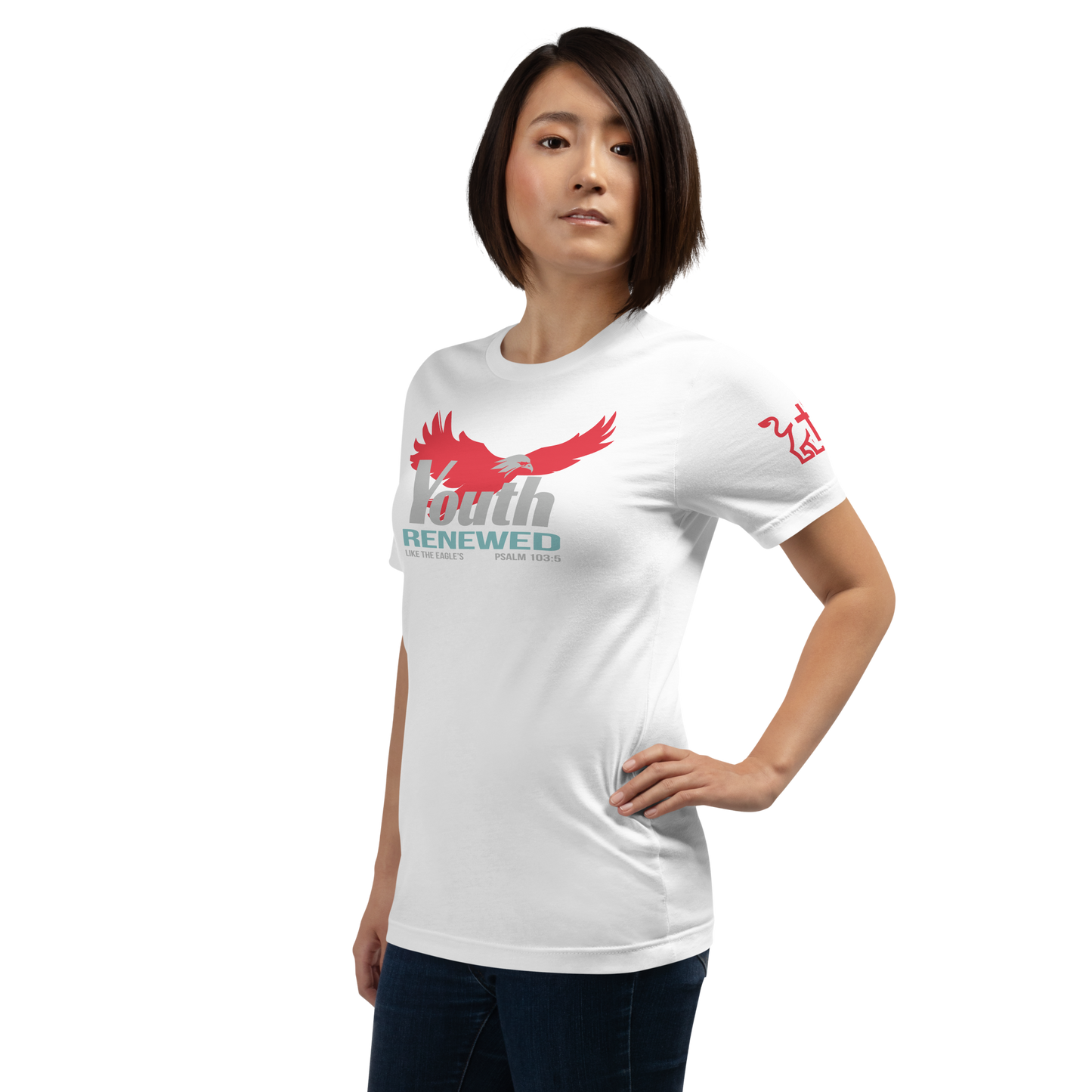 Justified In Christ Youth Renewed White T-Shirt | Psalm 103:5 Christian Tee