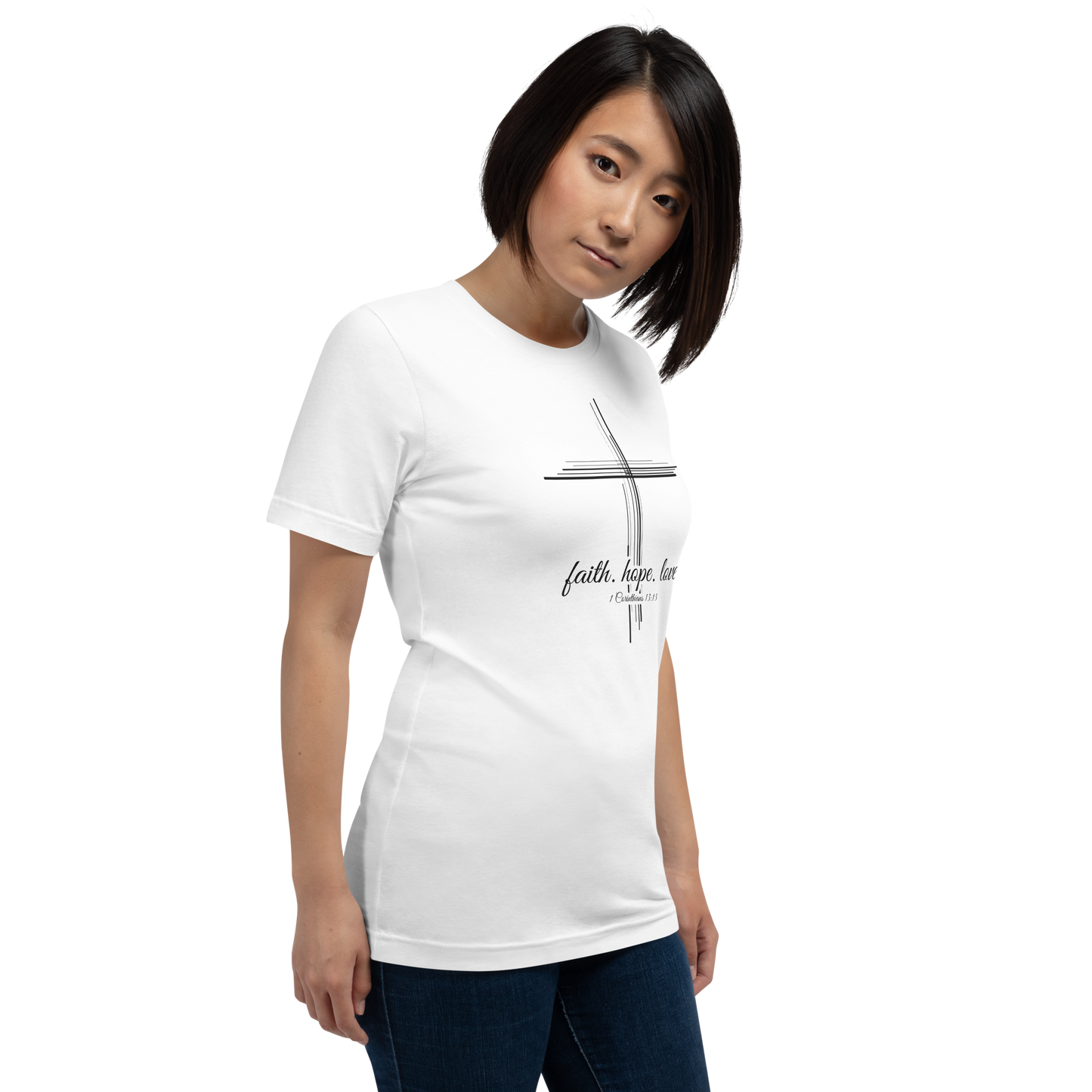 Justified In Christ Faith Hope Love White T-Shirt | 1 Corinthians 13:13 Christian Tee