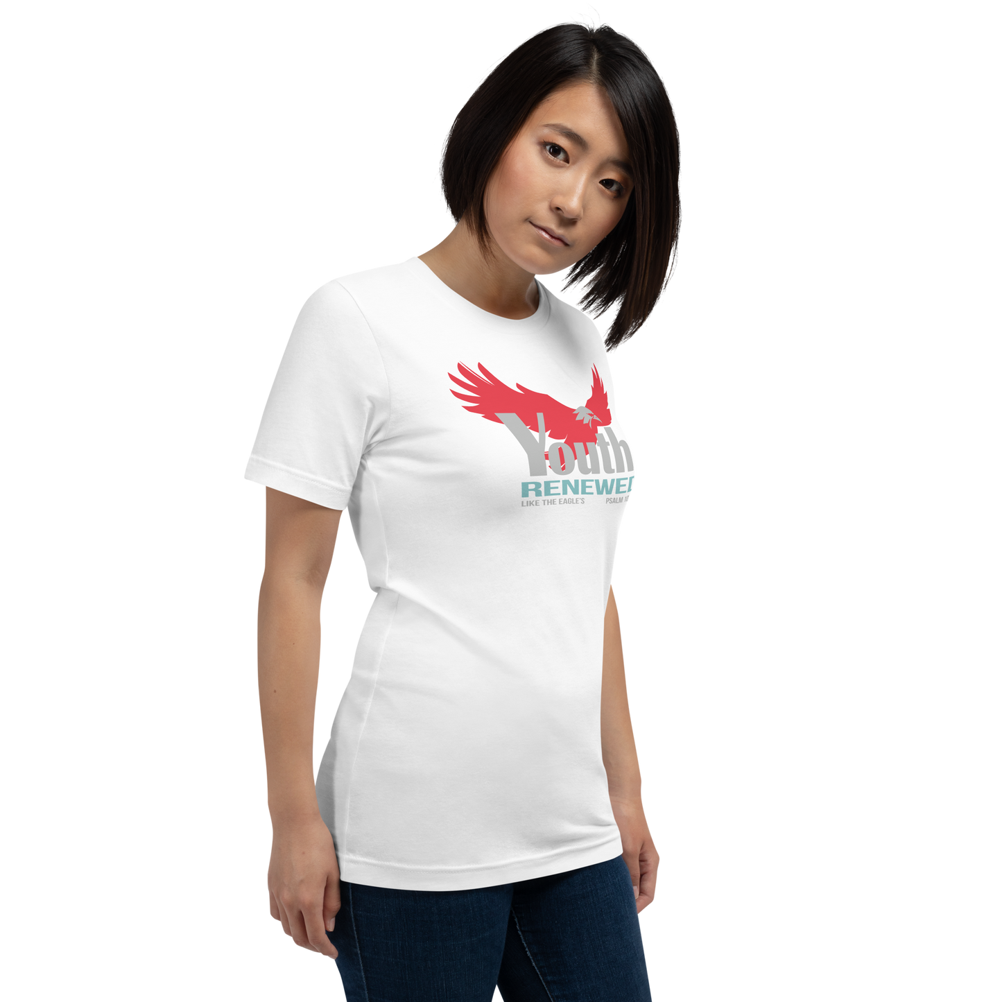 Justified In Christ Youth Renewed White T-Shirt | Psalm 103:5 Christian Tee